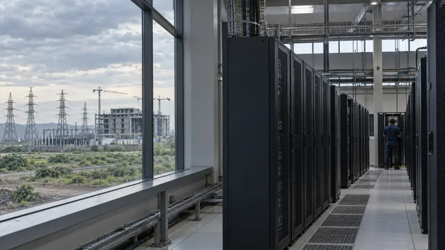 Rows of dark server racks in a data centre hall, with transmission pylons and a half-built block seen through the window